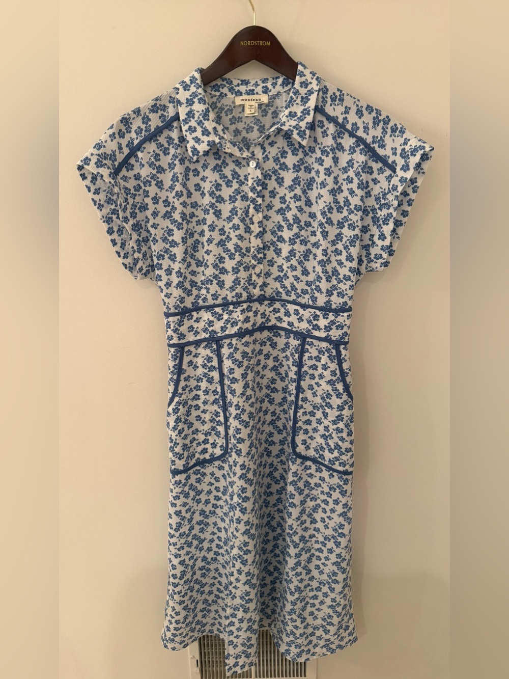 Monteau Blue and White Floral Midi Vintage Style Dress